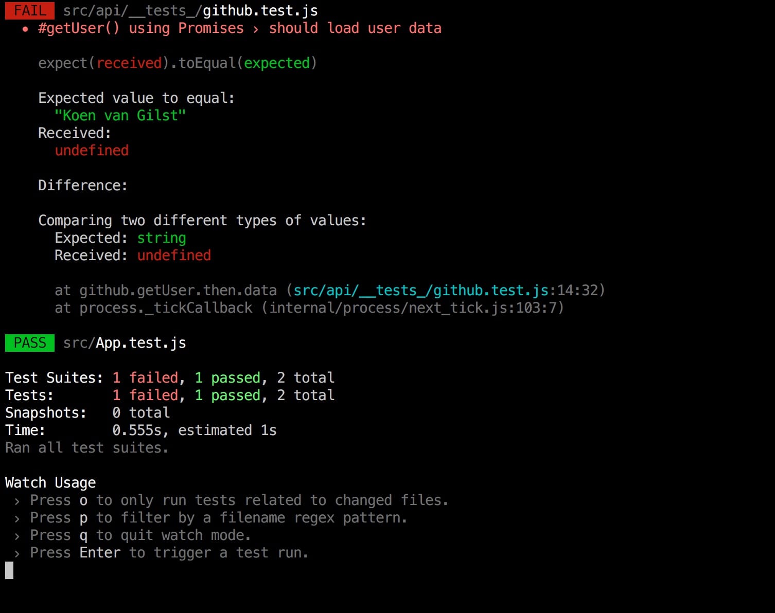 Failing Jest tests