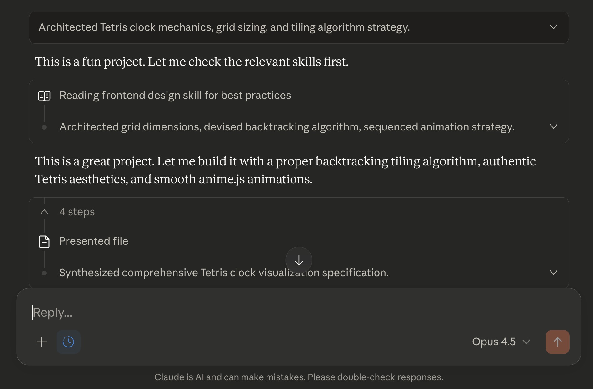 Screenshot of Claude getting excited about the Tetris Time project